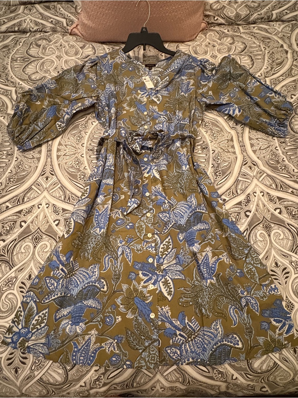 Talbot’s NWT Olive Green & Blue Floral Midi Dress with Tie Waist